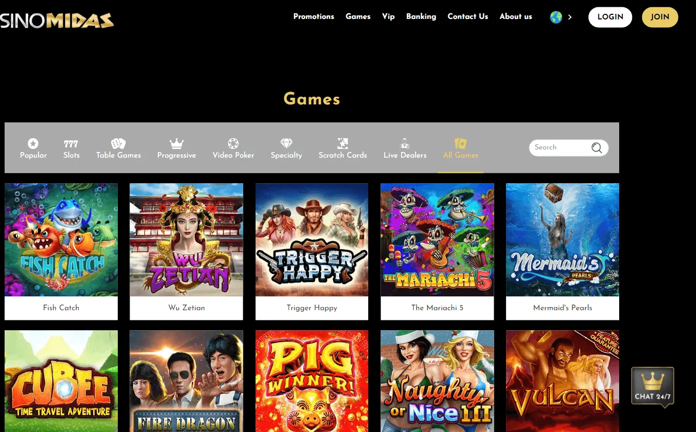 Midas Casino desktop games area with slots and casino categories