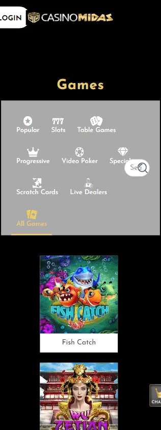 Midas Casino mobile games area with casino titles
