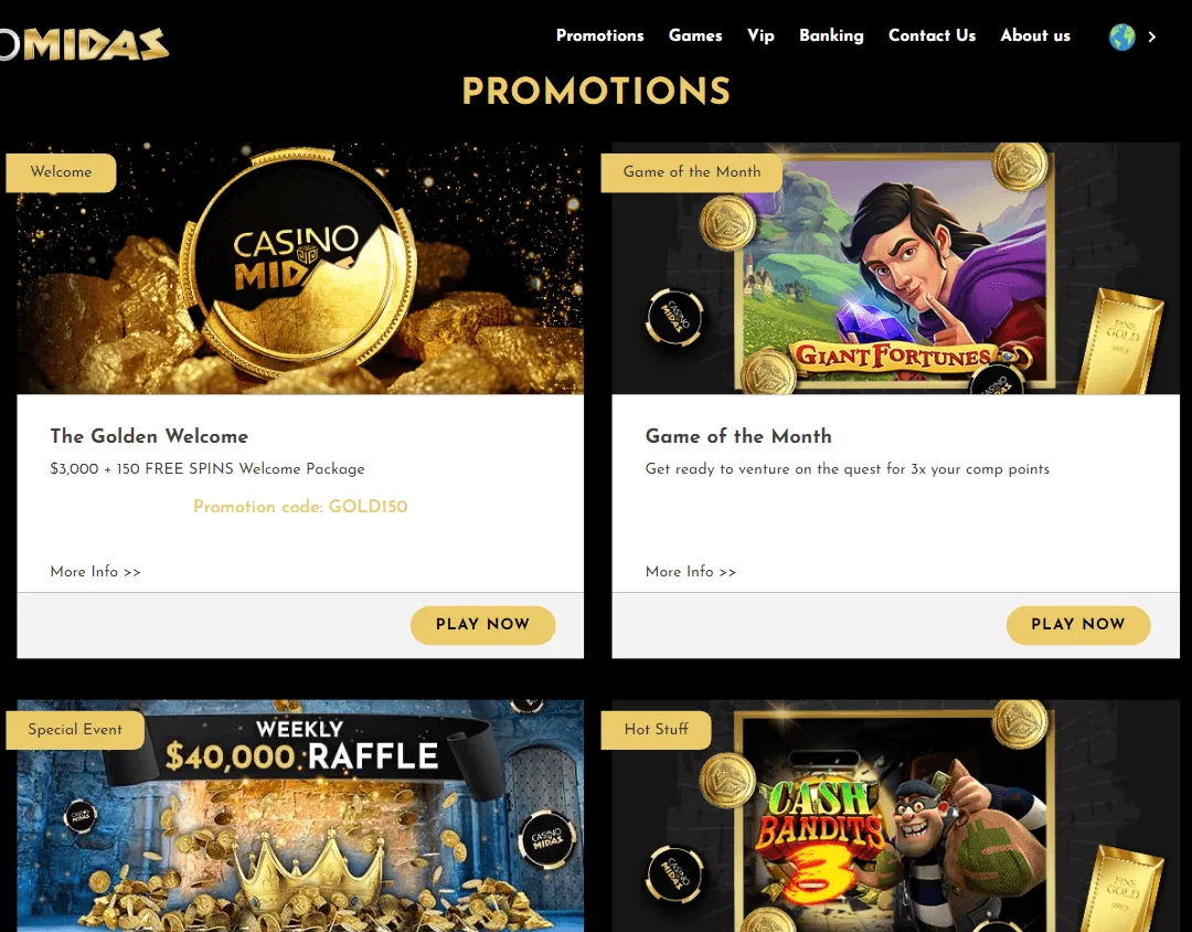 Midas Casino desktop promotions area with deposit offers and free spins