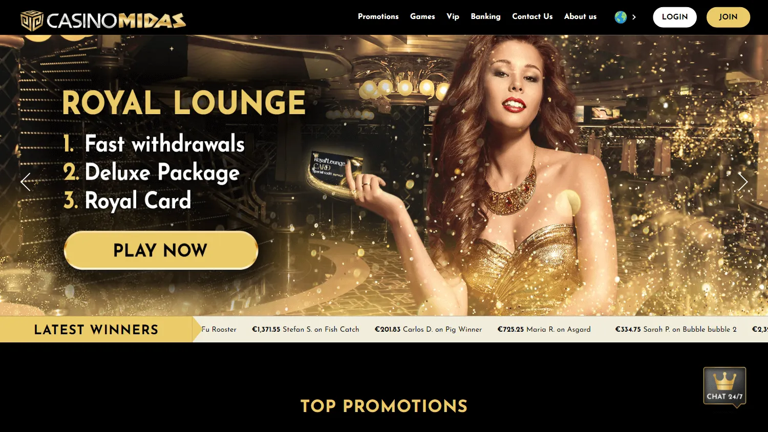 Midas Casino desktop home area with The Golden Welcome offer