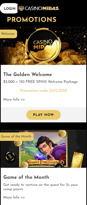 Midas Casino mobile promotions area with weekly offers